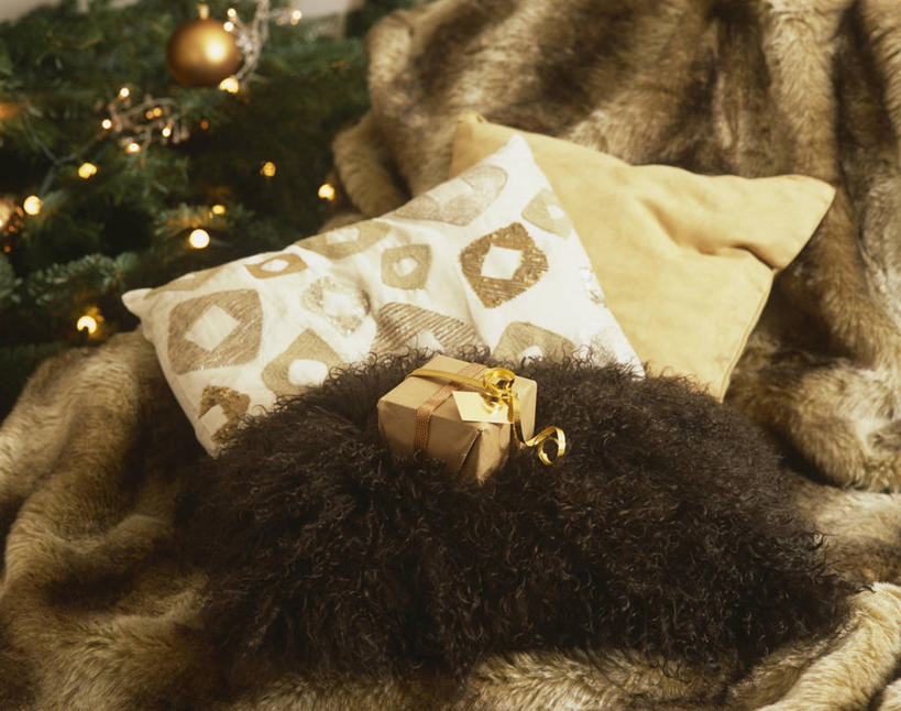 无人,横图,室内,白天,礼物,纺织品,圣诞节,装饰,毛毯,毯子,褐色,圣诞树,英格兰,树,纺织,垫子,温暖,摄影,华丽,修饰,点缀,毛皮,肌理,衬托,美观,雅致,雅观,软垫,式样,扔,彩图