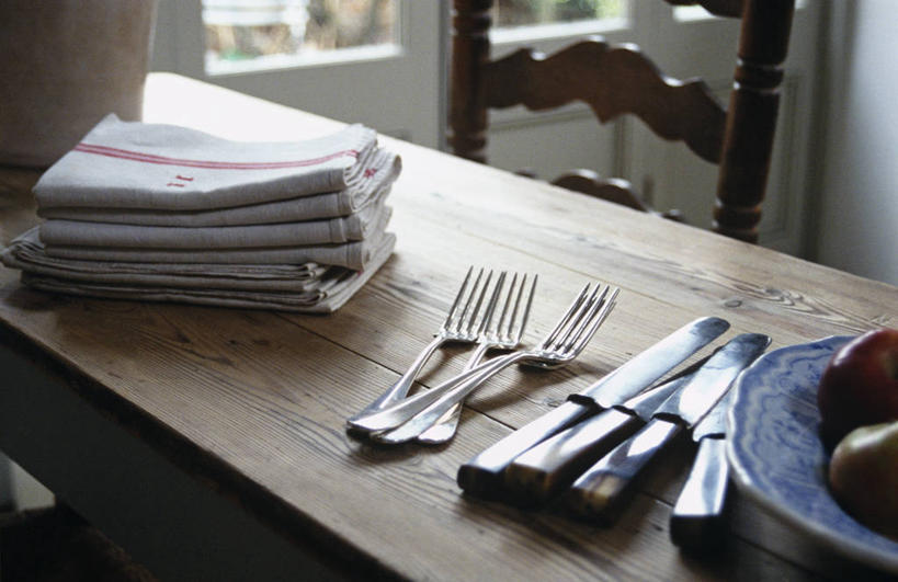 无人,横图,室内,白天,厨房,桌子,餐具,木制,英格兰,餐巾,摄影,彩图