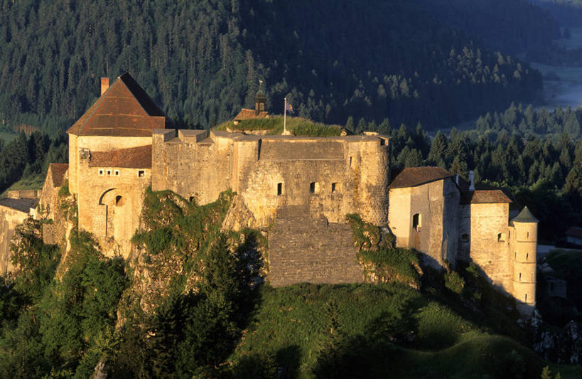 无人,横图,室外,白天,正面,旅游,度假,建材,草地,草坪,名胜古迹,山,山脉,植物,标志建筑,地标,建筑,法国,欧洲,阴影,遗迹,光线,材料,影子,砖,砖块,堡垒,城堡,墙,屋顶,山峰,山峦,顶棚,古迹,文物,娱乐,建设,古建筑,墙壁,墙面,草,树,树木,绿色,灰色,阳光,自然,群山,享受,休闲,砖头,旅游胜地,放松,建造,生长,成长,西欧,要塞,法兰西,古文明,法兰西共和国,法兰西第五共和国,设防,弗朗什.孔泰,弗朗什.孔泰大区,杜省,石料,彩图,砌墙砖,拉克吕斯和米茹,蓬塔利耶区