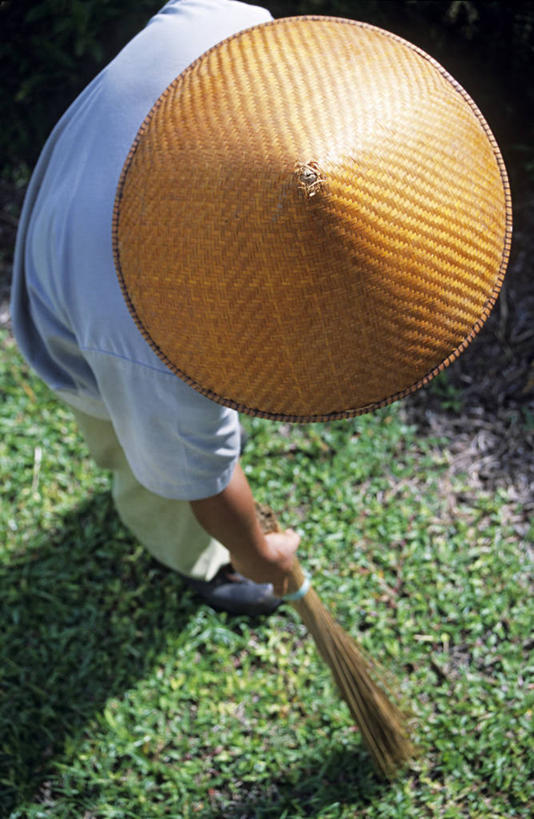一个人,站,竖图,俯视,室外,白天,草地,草坪,植物,帽子,亚洲,仅一个男性,仅一个人,弯腰,握,阴影,服装,光线,工具,扫帚,影子,注视,休闲装,斗笠,草,仅一个年轻男性,一个,衣服,绿色,阳光,低头,观察,看,清洁,站着,休闲,休闲服,遮阳,握着,服饰,单个,观看,扫把,察看,卫生,关注,保洁,笤帚,弯身,一顶,垂头,笠帽,男人,男性,年轻男性,亚洲人,印度人,站立,彩图,高角度拍摄,全身,编结帽,箬笠,蔽雨