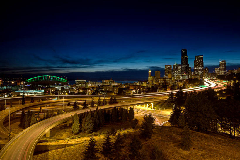 无人,横图,室外,夜晚,多次曝光,建筑,街道,摩天大楼,数码合成,现代,运输,摄影,照亮,市区,西雅图,高架道路,彩图