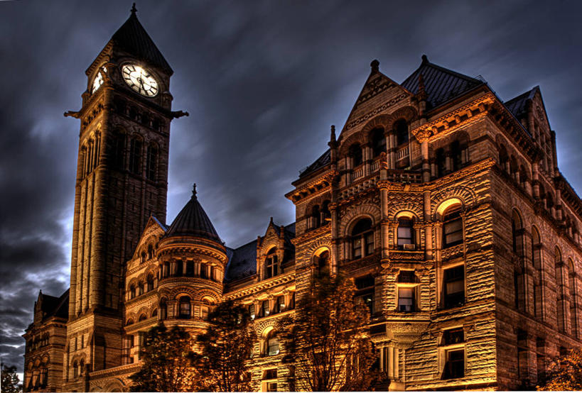 无人,横图,室外,夜晚,仰视,建筑,加拿大,宏伟,历史,文化,钟塔,办公大楼,摄影,怪异,照亮,市政厅,多伦多,安大略省,彩图,低角度拍摄,过去,加拿大文化