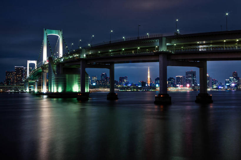 无人,横图,室外,夜晚,夜生活,河流,天际线,城市,建筑,东京,日本,日本文化,反射,桥,首都,摄影,照亮,彩图,东京彩虹桥