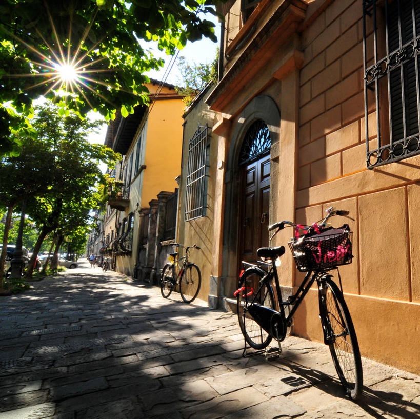 无人,方图,室外,白天,城市,建筑,自行车,意大利,房屋,公寓,人行道,树荫,运输,摄影,宁静,停止,暂停,停滞,耀斑,卢卡,彩图,林荫大道