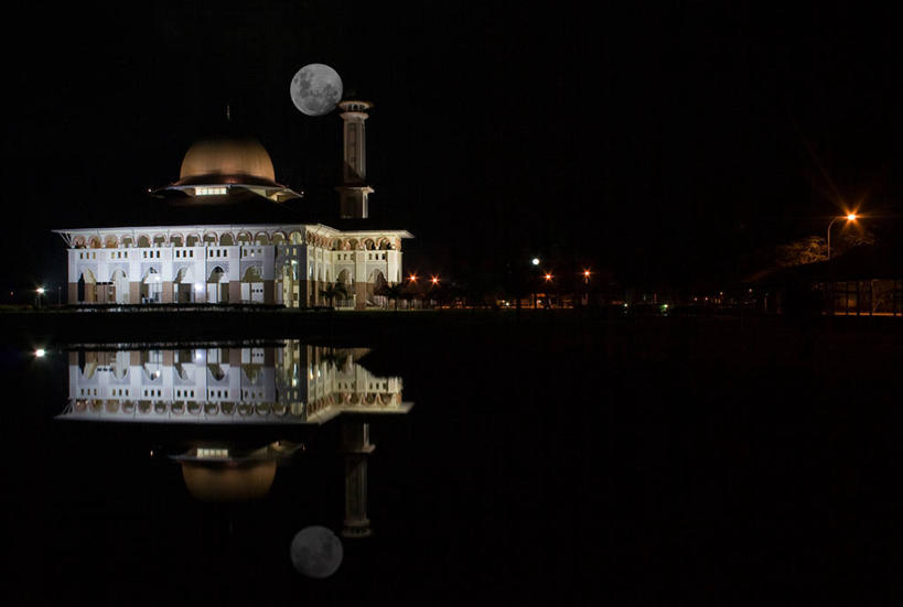 无人,横图,室外,白天,湖,建筑,马来西亚,反射,满月,宏伟,摄影,宁静,照亮,伊斯兰教,清真寺,雪兰莪州,彩图