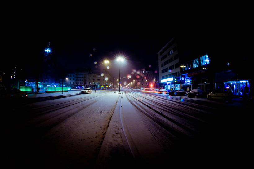 无人,横图,室外,夜晚,雪,城市,道路,路,路灯,公路,德国,冬天,交通,摄影,照亮,杜塞尔多夫,马路,彩图,晕影