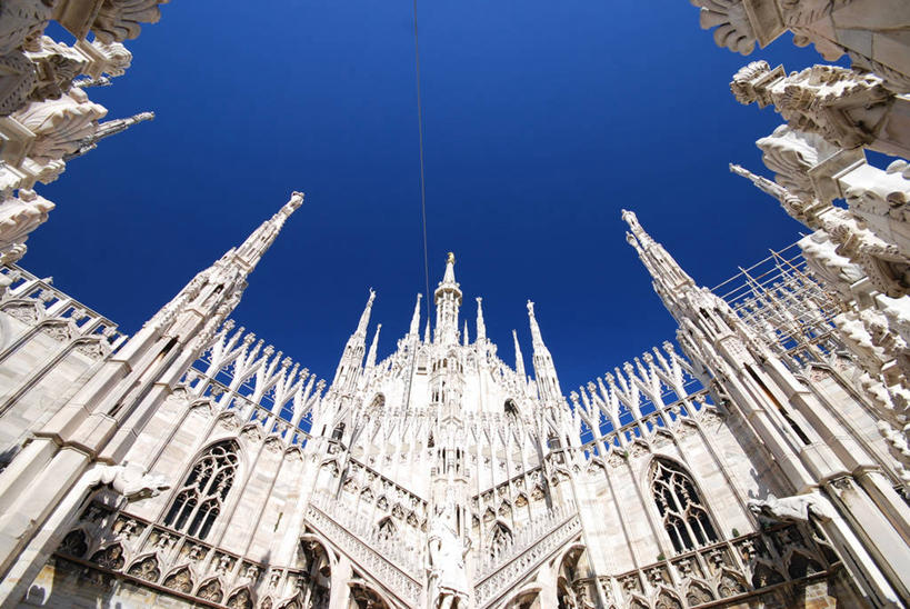 无人,横图,室外,白天,仰视,建筑,意大利,尖顶,摄影,意大利文化,哥特式风格,米兰,万里无云,米兰主教教堂,彩图,低角度拍摄,大教堂