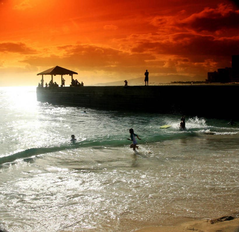 码头,横图,室外,度假,海浪,日落,日光,美国,反射,摄影,宁静,热带气候,剪影,夏威夷群岛,太平洋岛屿,海滩,彩图,威基基海滩