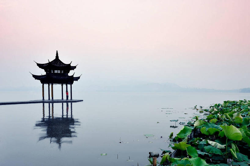 无人,横图,室外,白天,湖,建筑,叶子,反射,水平线,浙江省,风景,摄影,杭州,宁静,中国文化,剪影,彩图