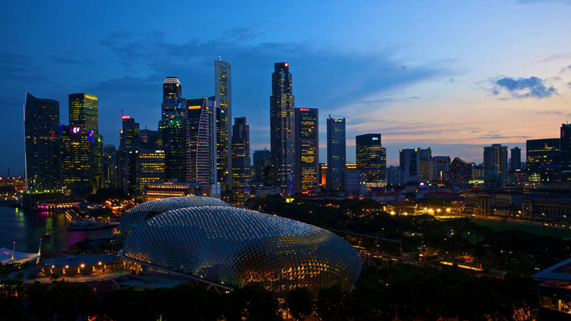 无人,横图,室外,天际线,建筑,摩天大楼,新加坡,黄昏,摄影,照亮,市区,金融区,彩图