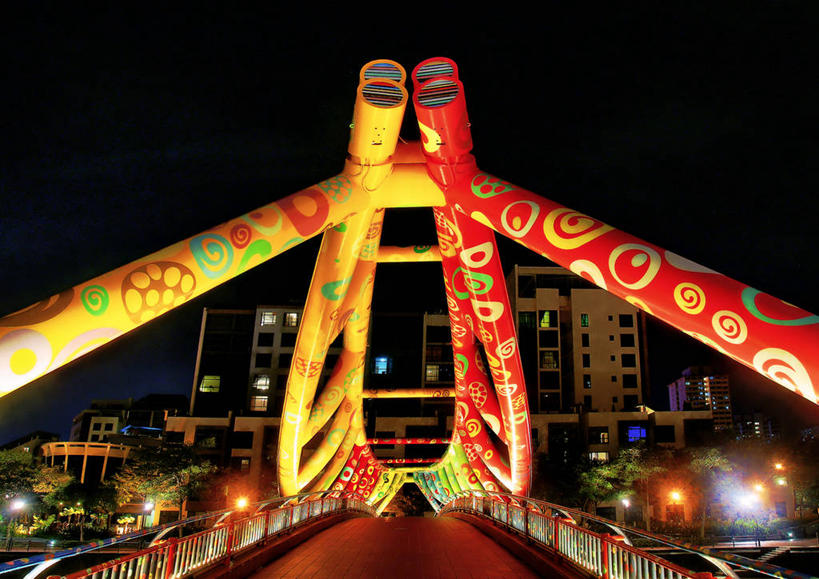 无人,横图,室外,夜晚,建筑,新加坡,艺术,摄影,人行桥,照亮,式样,彩图