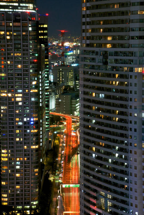 无人,竖图,俯视,室外,夜晚,长时间曝光,天际线,城市,建筑,摩天大楼,东京,日本,日本文化,交通,首都,现代,摄影,尾灯,迅速,照亮,汐留,彩图,高角度拍摄