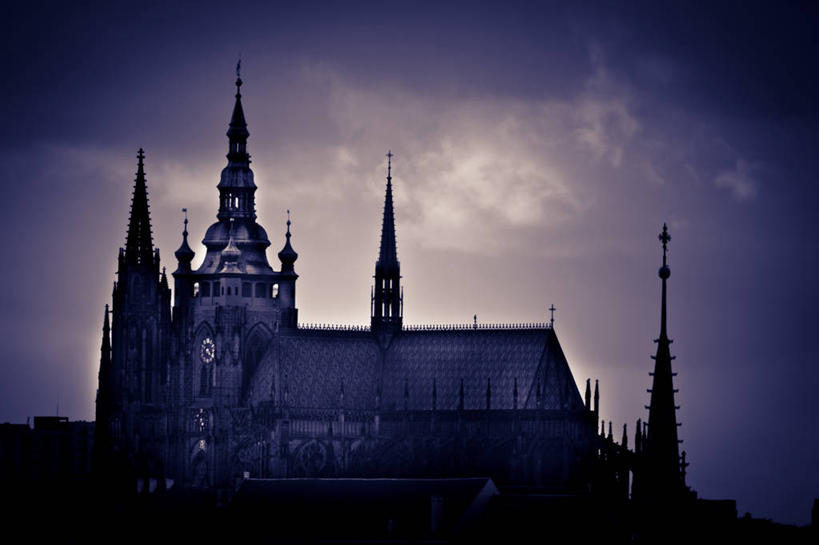 无人,横图,室外,建筑,尖顶,首都,历史,黄昏,地标建筑,摄影,剪影,逆光,捷克共和国,布拉格,赫拉德卡尼城堡,彩图