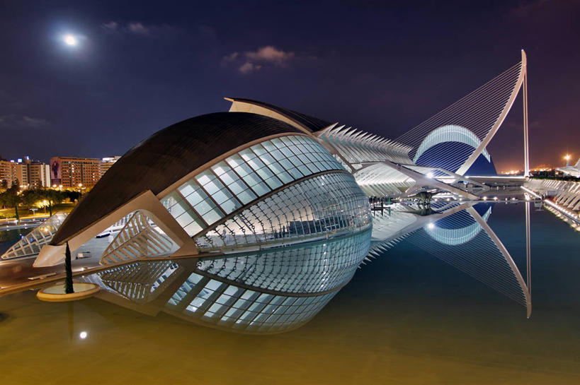 无人,横图,室外,夜晚,水,城市,建筑,西班牙,对称,反射,月亮,歌剧院,现代,摄影,照亮,巴伦西亚省,彩图