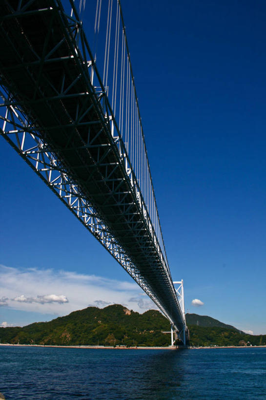 无人,竖图,室外,白天,仰视,山,水,建筑,广岛县,日本,桥,联系,蓝色,天空,自然,运输,摄影,宁静,彩图,低角度拍摄