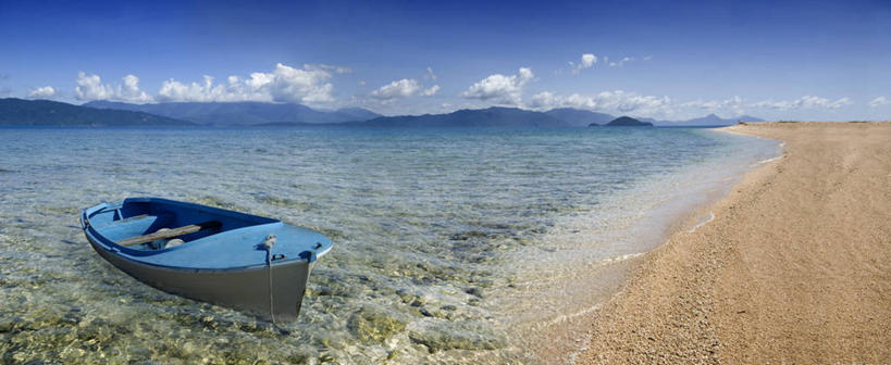 划艇,无人,横图,全景,室外,白天,海洋,山脉,澳大利亚,摇摆,云,天空,自然,运输,摄影,宁静,昆士兰州,海滩,彩图