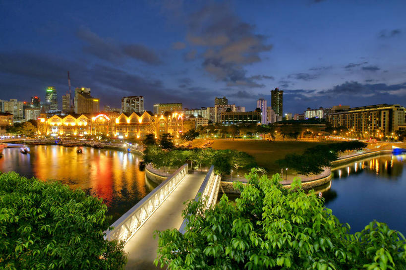 无人,横图,室外,夜晚,河流,城市,建筑,新加坡,反射,河岸,云,桥,联系,树,天空,零售,摄影,照亮,克拉码头,彩图