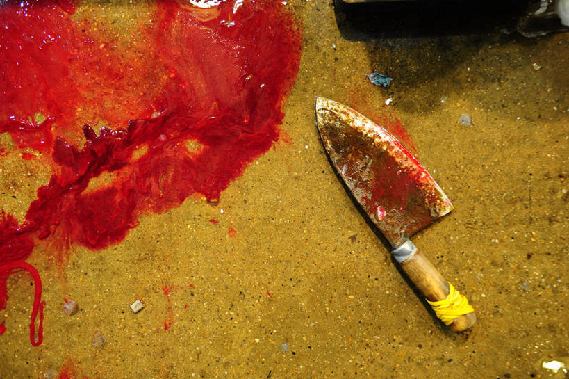 无人,横图,俯视,室外,特写,白天,渔业,首尔,韩国,首都,一个,红色,刀,血液,摄影,单个,简单,彩图,高角度拍摄,鱼市