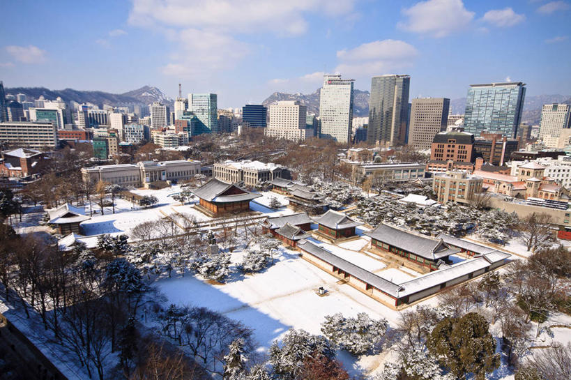 无人,横图,室外,白天,雪,城市,建筑,首尔,韩国,云,首都,历史,现代,树,天空,寒冷,摄影,德寿宫,彩图