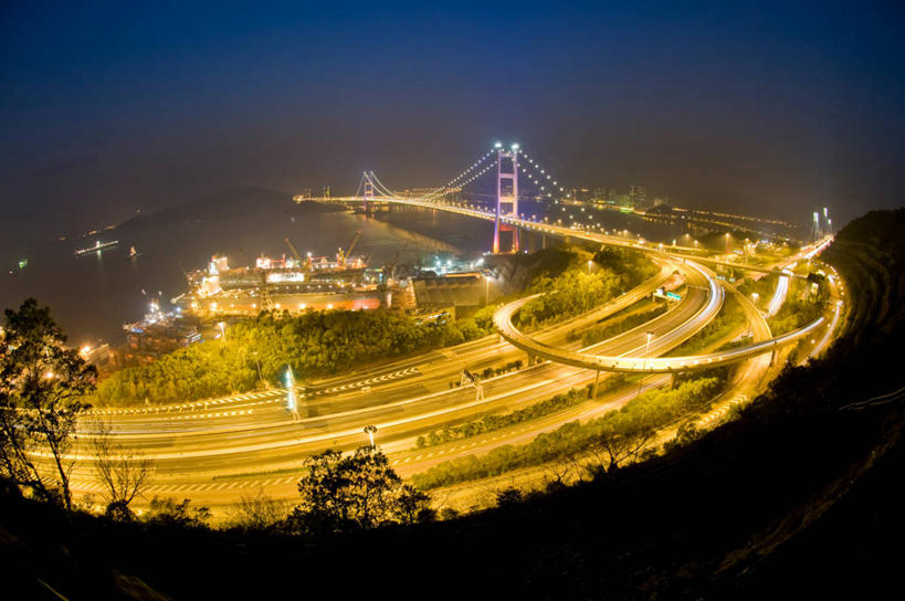 无人,横图,俯视,室外,长时间曝光,度假,美景,城市风光,城市,建筑,摩天大楼,香港,景观,桥,联系,娱乐,树,享受,休闲,景色,放松,运输,摄影,照亮,彩图,高角度拍摄,旅行,海港,青马大桥,马湾海峡