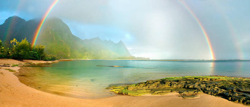 无人,横图,全景,室外,白天,彩虹,海洋,美景,美国,沙子,景观,宏伟,树,风景,自然,景色,摄影,宁静,自然风光,海景,考艾岛,夏威夷群岛,太平洋岛屿,海滩,彩图