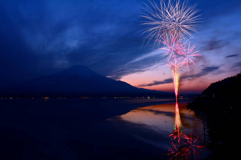无人,横图,室外,湖,美景,山,富士山,日本,庆祝,景观,云,风景,天空,自然,焰火,黄昏,景色,摄影,宁静,自然风光,山梨县,彩图