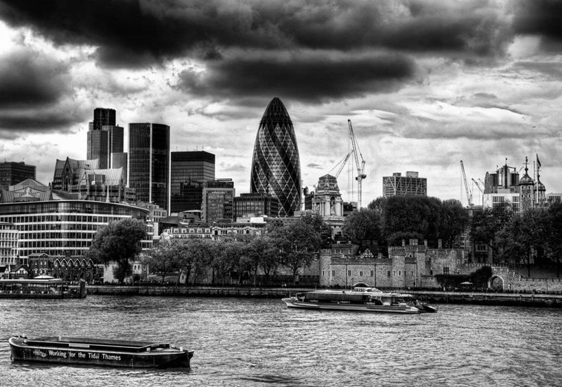 无人,横图,黑白,室外,白天,河流,城市,建筑,船,英国,云,首都,伦敦城,天空,摄影,金融区