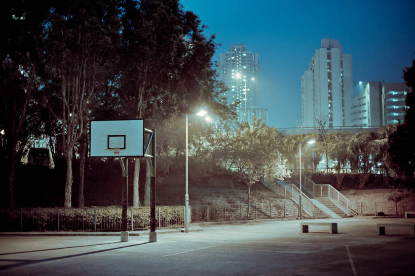 无人,横图,室外,夜晚,运动,街道,路灯,香港,篮球框,球场,树,摄影,照亮,彩图