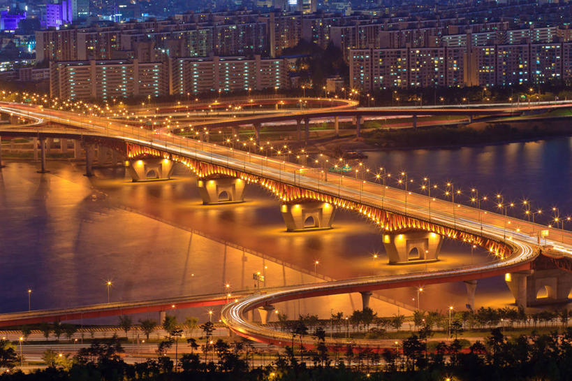 无人,横图,室外,夜晚,长时间曝光,城市,建筑,首尔,韩国,反射,桥,交通,首都,联系,运输,摄影,尾灯,照亮,汉江,彩图