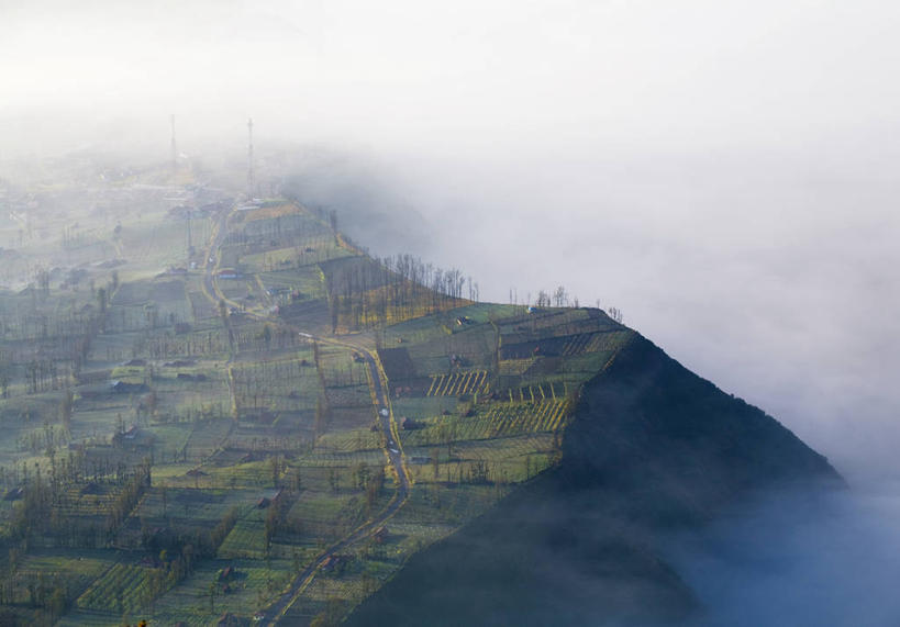 无人,横图,俯视,航拍,室外,白天,美景,雾,印度尼西亚,岛,景观,田地,风景,自然,景色,摄影,宁静,鸟瞰,自然风光,爪哇,婆罗摩火山,东爪哇,彩图,高角度拍摄