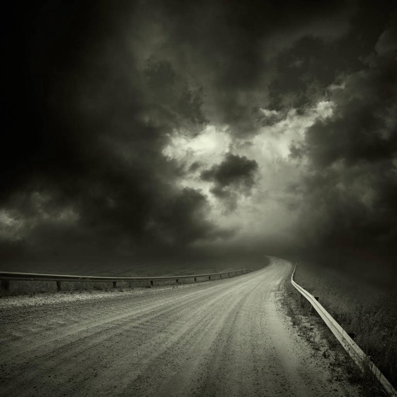 无人,方图,黑白,室外,白天,消失点,暴风雨,路,乌云,天空,运输,摄影,防撞护栏