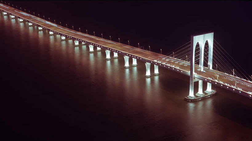 无人,横图,俯视,航拍,室外,夜晚,海洋,建筑,澳门,反射,斜拉桥,联系,摄影,吊桥,宁静,鸟瞰,钢缆,彩图,高角度拍摄