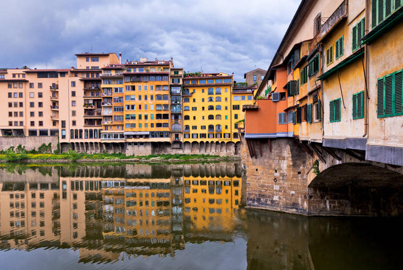 无人,横图,室外,白天,湖,河流,建筑,意大利,反射,云,联系,天空,自然,摄影,意大利文化,托斯卡纳区,维基奥桥,亚诺河,彩图