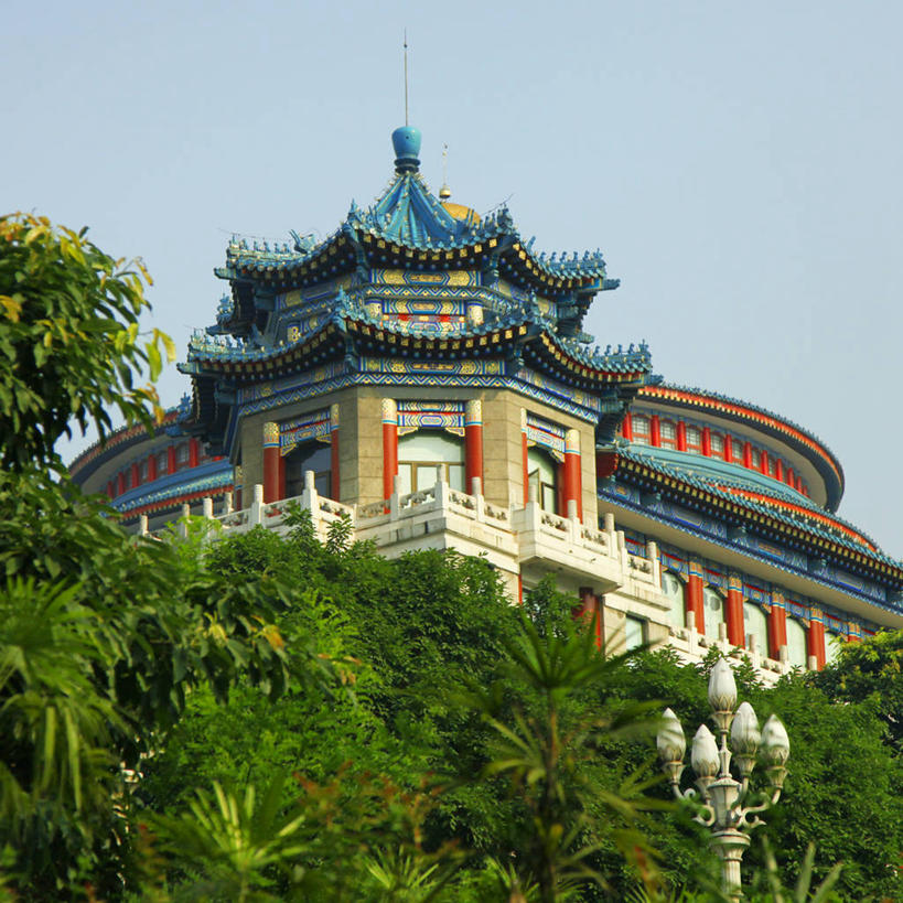 无人,方图,室外,白天,仰视,建筑,重庆,礼堂,树,摄影,万里无云,设计,彩图,低角度拍摄,旅行