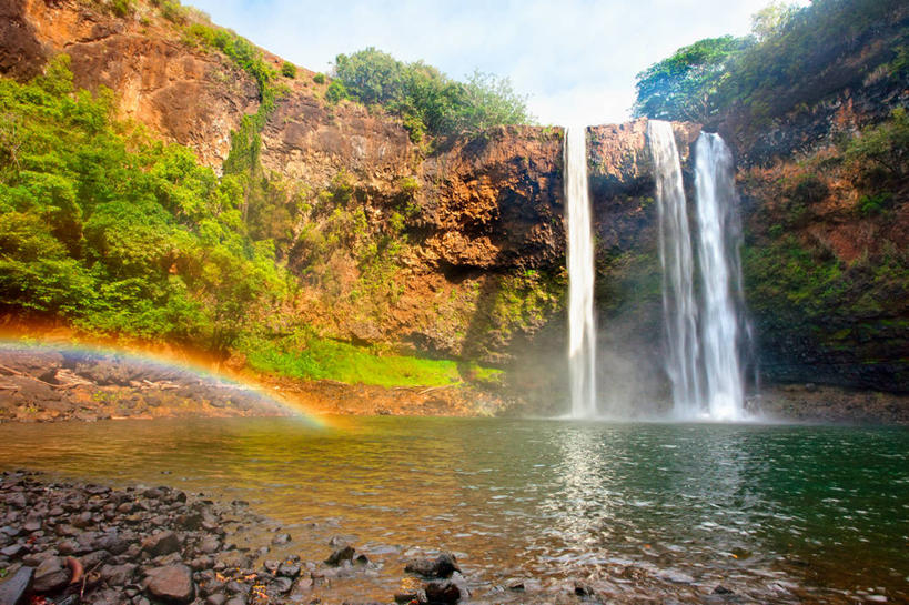 无人,横图,室外,白天,彩虹,美景,瀑布,美国,景观,苔藓,风景,自然,景色,摄影,宁静,岩层,自然风光,考艾岛,夏威夷群岛,太平洋岛屿,岩石,彩图