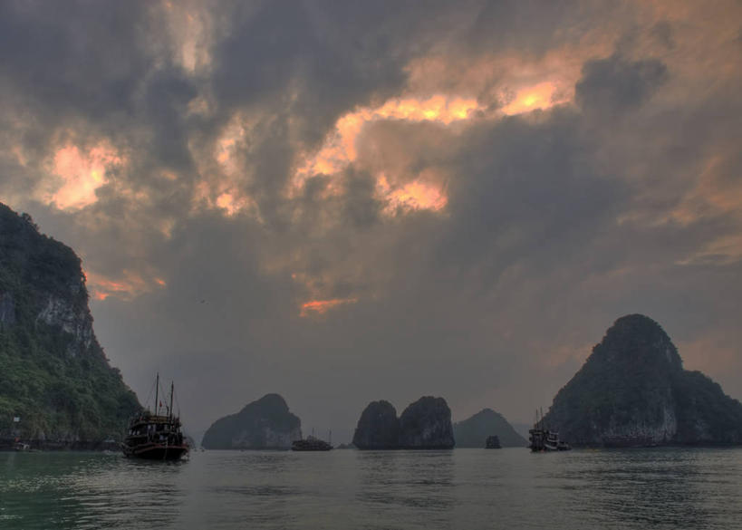 无人,横图,室外,日落,越南,反射,云,首都,自然,邮轮,运输,摄影,宁静,岩层,河内,下龙湾,岩石,彩图