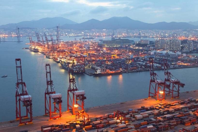 无人,横图,俯视,室外,白天,海洋,釜山,韩国,许多,丰富,很多,黄昏,摄影,照亮,货运,彩图,高角度拍摄,海港,海上运输