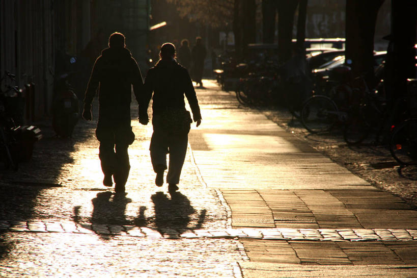 成年人,两个人,横图,室外,日落,日光,德国,阴影,小路,首都,柏林,树,运输,摄影,剪影,男人,女人,步行,手牵手,彩图