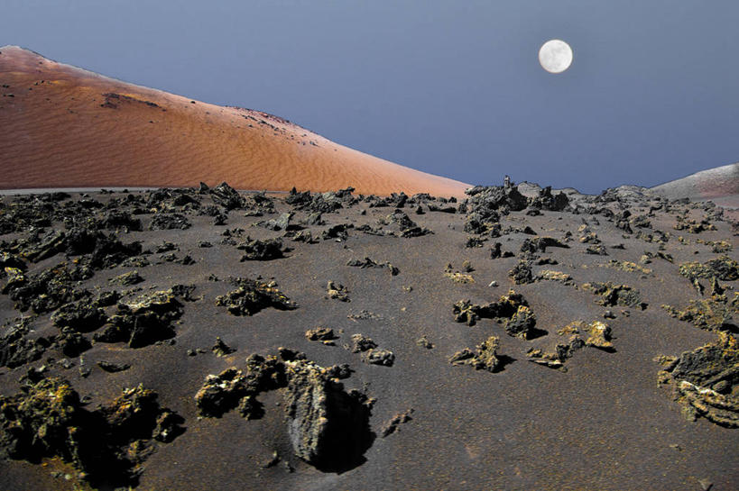 无人,横图,室外,白天,火山,西班牙,地形,月亮,满月,自然,摄影,宁静,万里无云,兰萨罗特岛,大西洋群岛,自然地理,彩图