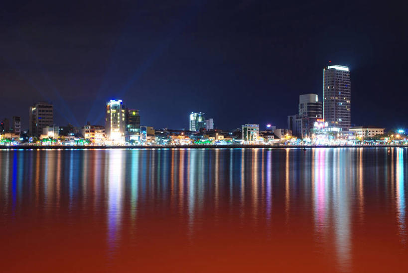 无人,横图,室外,夜晚,河流,天际线,城市,建筑,越南,反射,摄影,宁静,照亮,汉江,岘港,彩图