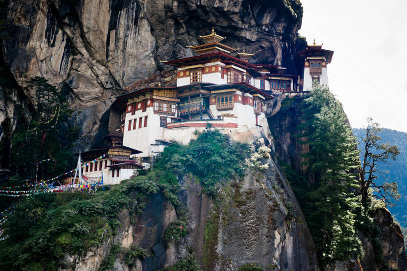 无人,横图,室外,白天,植物,建筑,不丹,悬崖,经幡,天空,摄影,佛教,岩层,修道院,巴罗,岩石,彩图