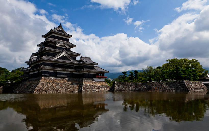 无人,横图,室外,白天,建筑,长野县,日本,日本文化,反射,云,摄影,护城河,松本,松本城,彩图