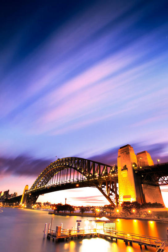 无人,竖图,室外,夜晚,长时间曝光,海洋,城市,建筑,澳大利亚,反射,云,桥,联系,天空,摄影,照亮,悉尼,新南威尔士,彩图,海港,悉尼港桥
