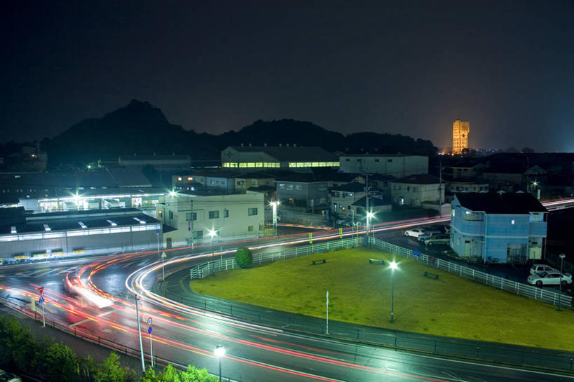 无人,横图,室外,夜晚,长时间曝光,采矿业,山,城市,建筑,路,日本,日本文化,弯曲,天空,运输,摄影,迅速,照亮,福冈,彩图