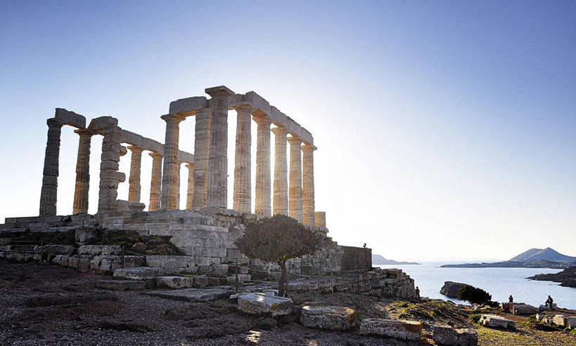 横图,室外,白天,日光,希腊,柱子,历史,废墟,树,摄影,希腊文化,逆光,万里无云,阿提卡,彩图