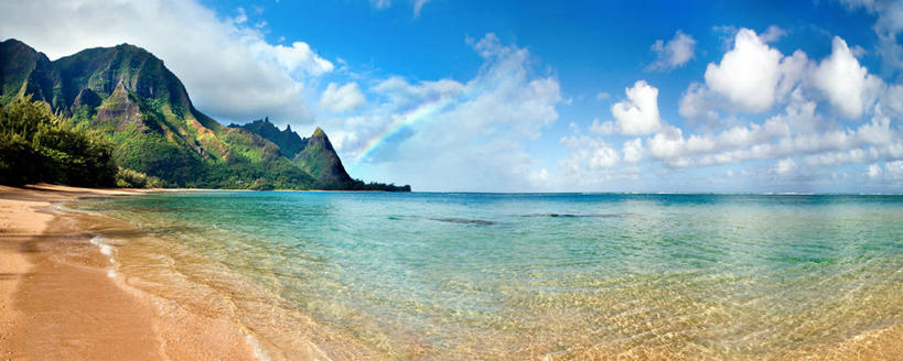 无人,横图,全景,室外,白天,彩虹,海洋,美景,山,水,美国,景观,云,天气,风景,天空,自然,景色,摄影,宁静,热带气候,自然风光,海景,考艾岛,夏威夷群岛,太平洋岛屿,海滩,彩图