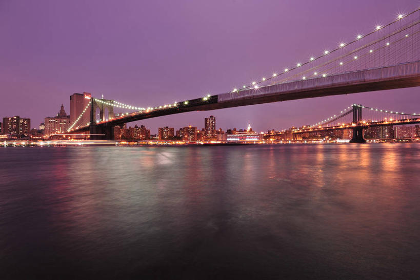 无人,横图,室外,河流,天际线,建筑,纽约,美国,反射,桥,联系,黄昏,摄影,吊桥,照亮,万里无云,布鲁克林桥,彩图