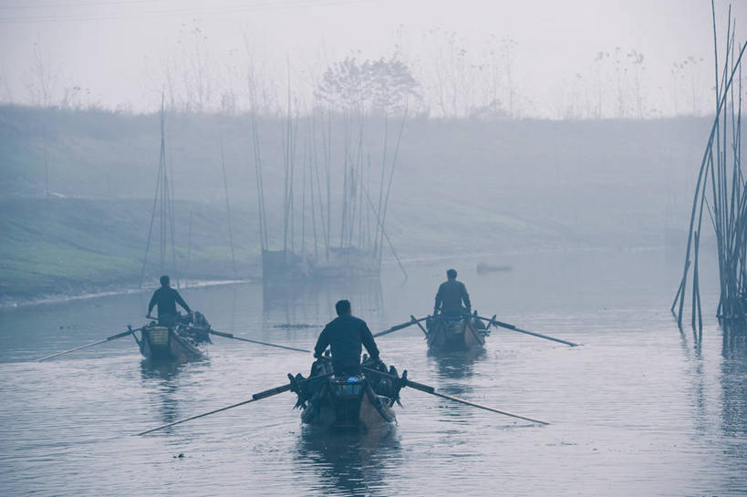 划船,成年人,三个人,渔夫,坐,横图,室外,渔业,湖,雾,洞庭湖,反射,黎明,拿着,休闲装,树,背面,天空,运输,摄影,早晨,岳阳,湖南省,彩图