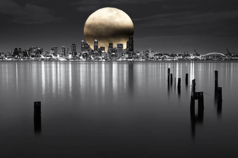 无人,横图,分离着色,室外,夜晚,度假,海洋,美景,天际线,城市风光,城市,建筑,摩天大楼,美国,反射,景观,月亮,云,娱乐,风景,自然,享受,休闲,景色,放松,摄影,宁静,照亮,华盛顿州,西雅图,彩图