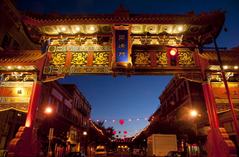 无人,横图,室外,夜晚,城市,建筑,加拿大,装饰,灯笼,大门,唐人街,天空,摄影,照亮,大不列颠哥伦比亚,彩图